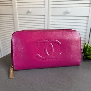 Chanel Pink Timeless Zip Leather Wallet